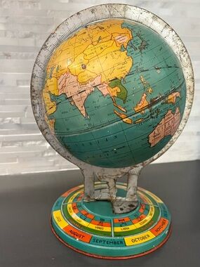 1930s Ohio Art Tin Litho World Globe Atlas Zodiac Calendar Metal 10.5”
